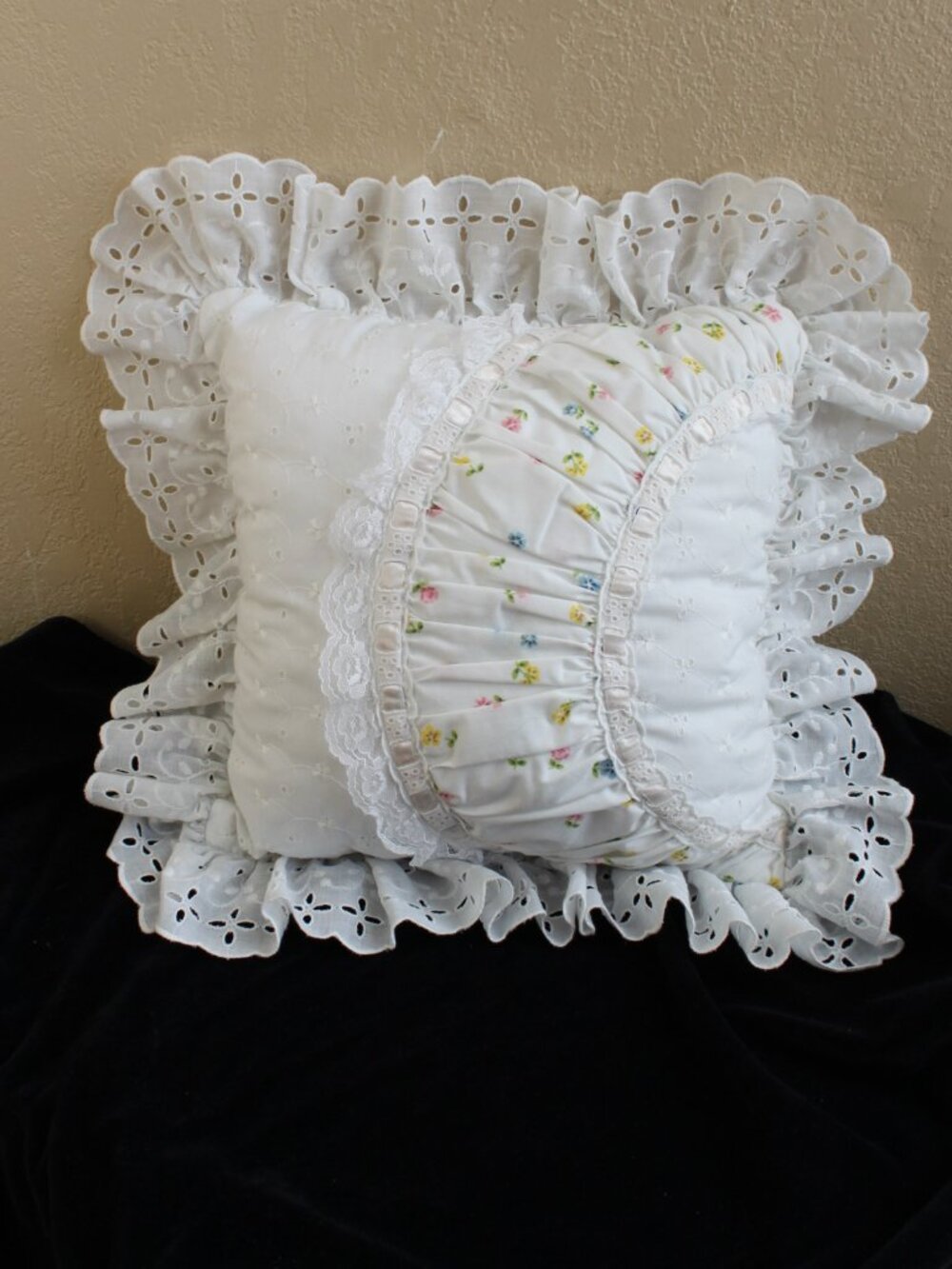 Vintage 80's Romantic Cottagecore eyelet lace throw pillow floral panel